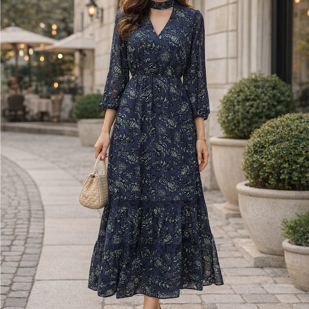 Belle Sky Purple and BlackGreen Long Sleeve Dress